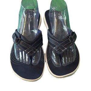 CLARKS CloudStepper Breeze Sea Women’s T-strap Size 9 Sandals Navy Blue Comfy